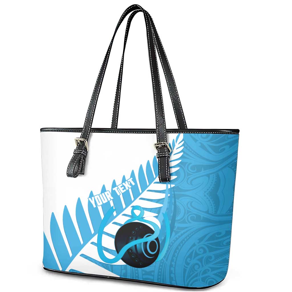 New Zealand Lawn Bowls Prostate Cancer Custom Leather Tote Bag Aotearoa Maori Silver Fern Blue Ribbon LT14 - Polynesian Pride