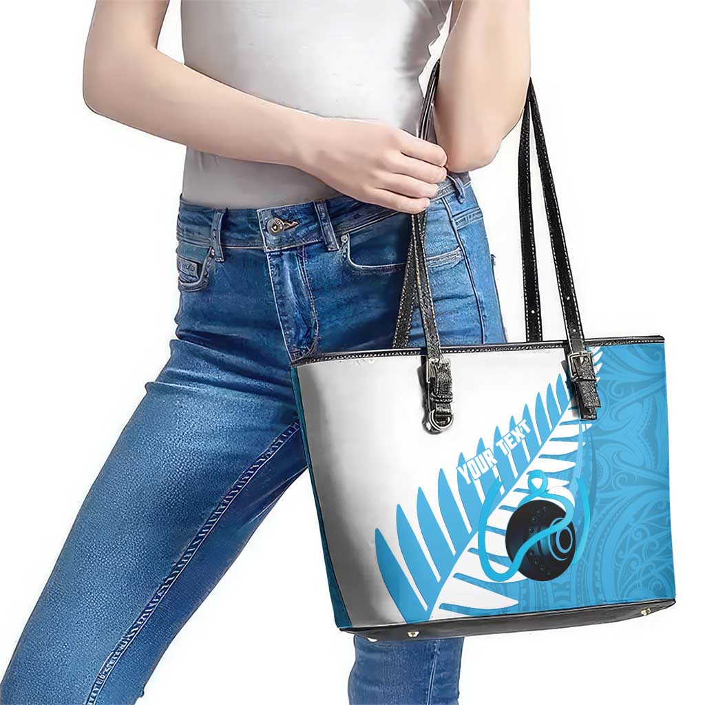 New Zealand Lawn Bowls Prostate Cancer Custom Leather Tote Bag Aotearoa Maori Silver Fern Blue Ribbon LT14 - Polynesian Pride