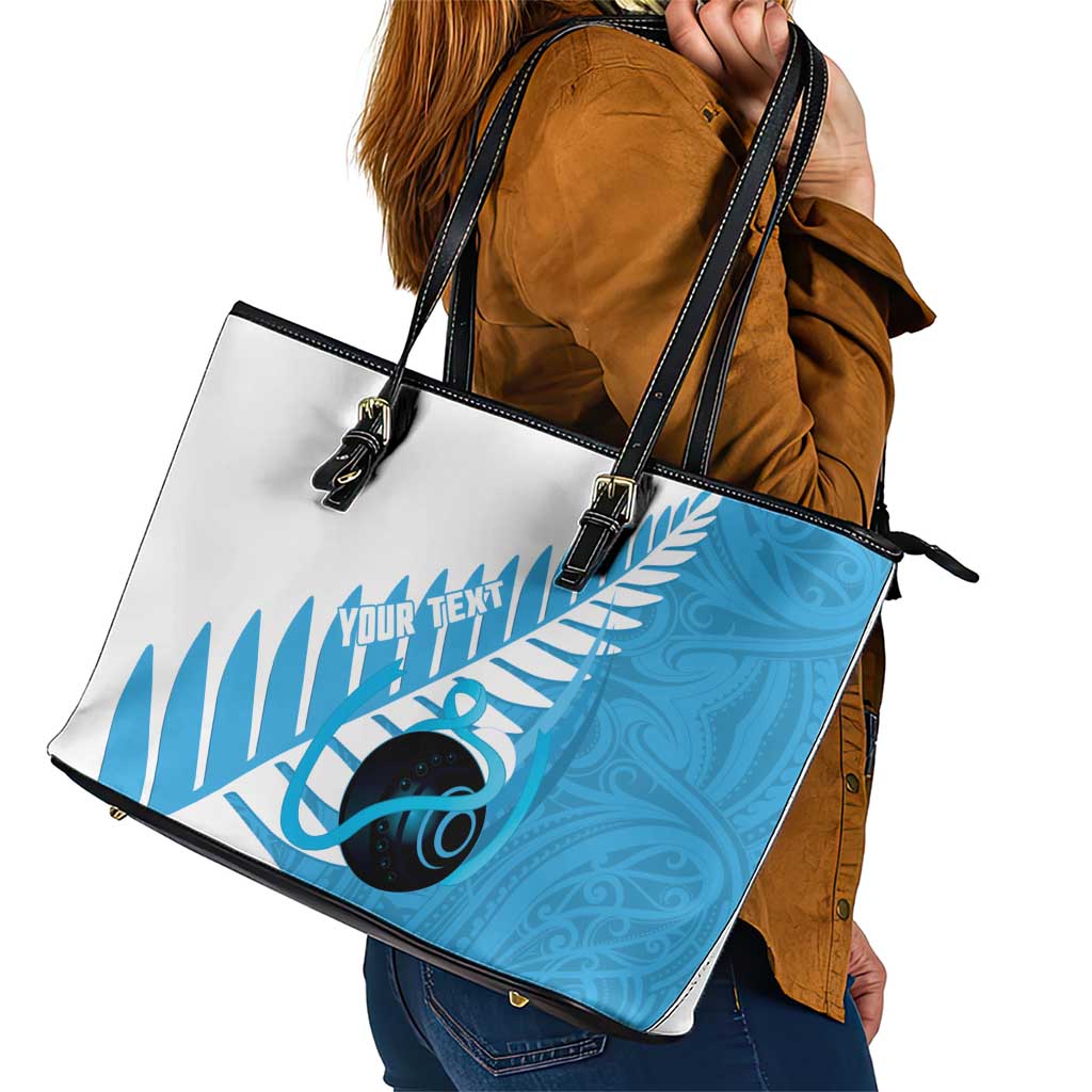 New Zealand Lawn Bowls Prostate Cancer Custom Leather Tote Bag Aotearoa Maori Silver Fern Blue Ribbon LT14 - Polynesian Pride