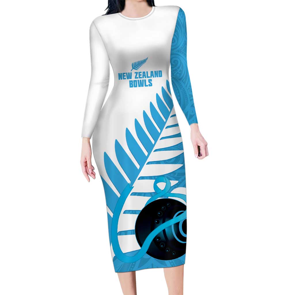 New Zealand Lawn Bowls Prostate Cancer Custom Long Sleeve Bodycon Dress Aotearoa Maori Silver Fern Blue Ribbon LT14 Long Dress Blue - Polynesian Pride