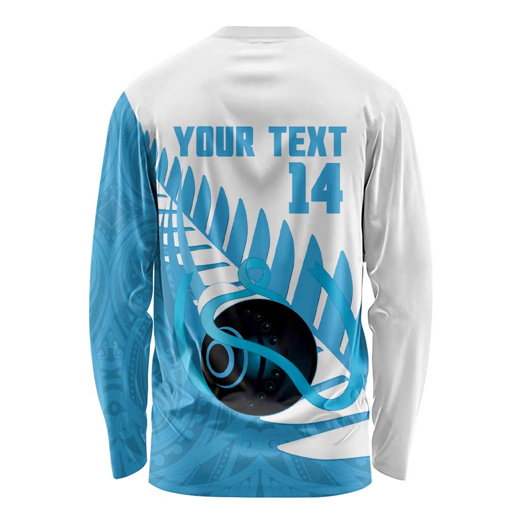 New Zealand Lawn Bowls Prostate Cancer Custom Long Sleeve Shirt Aotearoa Maori Silver Fern Blue Ribbon LT14 - Polynesian Pride