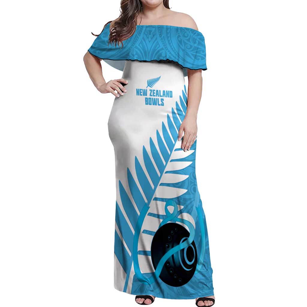 New Zealand Lawn Bowls Prostate Cancer Custom Off Shoulder Maxi Dress Aotearoa Maori Silver Fern Blue Ribbon LT14 Women Blue - Polynesian Pride