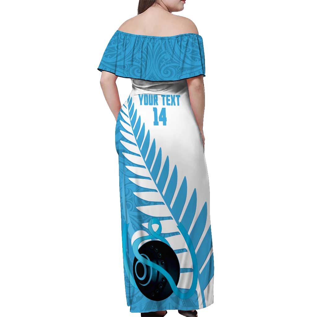 New Zealand Lawn Bowls Prostate Cancer Custom Off Shoulder Maxi Dress Aotearoa Maori Silver Fern Blue Ribbon LT14 - Polynesian Pride