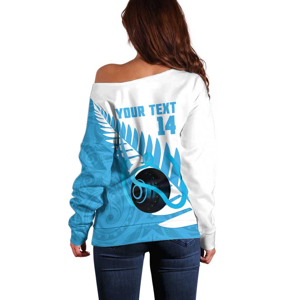 New Zealand Lawn Bowls Prostate Cancer Custom Off Shoulder Sweater Aotearoa Maori Silver Fern Blue Ribbon LT14 - Polynesian Pride