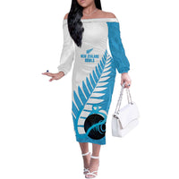 New Zealand Lawn Bowls Prostate Cancer Custom Off The Shoulder Long Sleeve Dress Aotearoa Maori Silver Fern Blue Ribbon LT14 Women Blue - Polynesian Pride