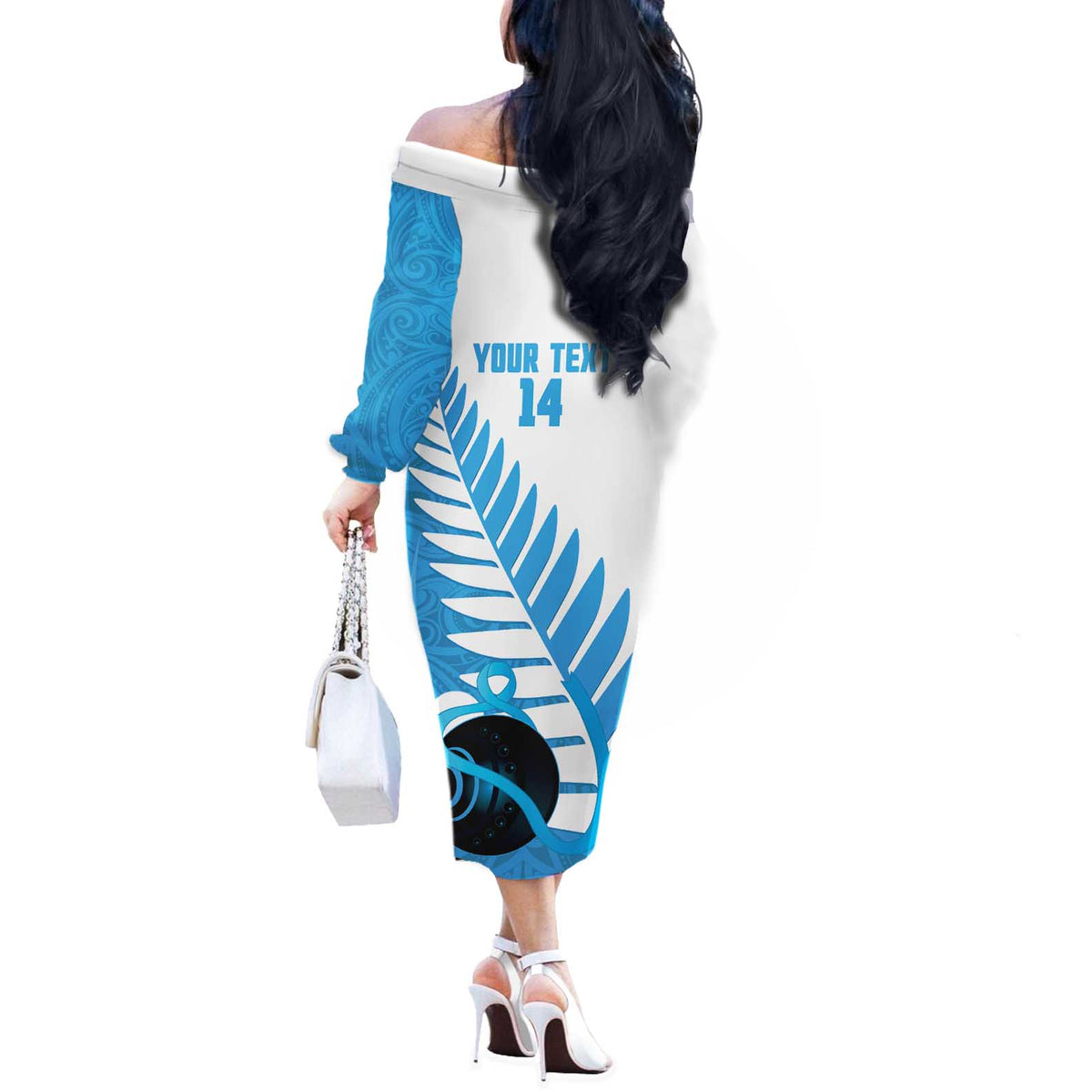 New Zealand Lawn Bowls Prostate Cancer Custom Off The Shoulder Long Sleeve Dress Aotearoa Maori Silver Fern Blue Ribbon LT14 - Polynesian Pride