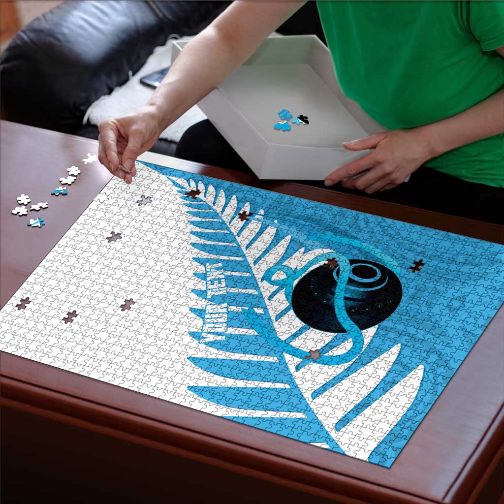 New Zealand Lawn Bowls Prostate Cancer Custom Puzzle Aotearoa Maori Silver Fern Blue Ribbon LT14 - Polynesian Pride