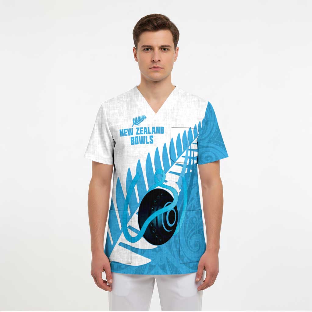 New Zealand Lawn Bowls Prostate Cancer Custom Scrub Top Aotearoa Maori Silver Fern Blue Ribbon LT14 - Polynesian Pride