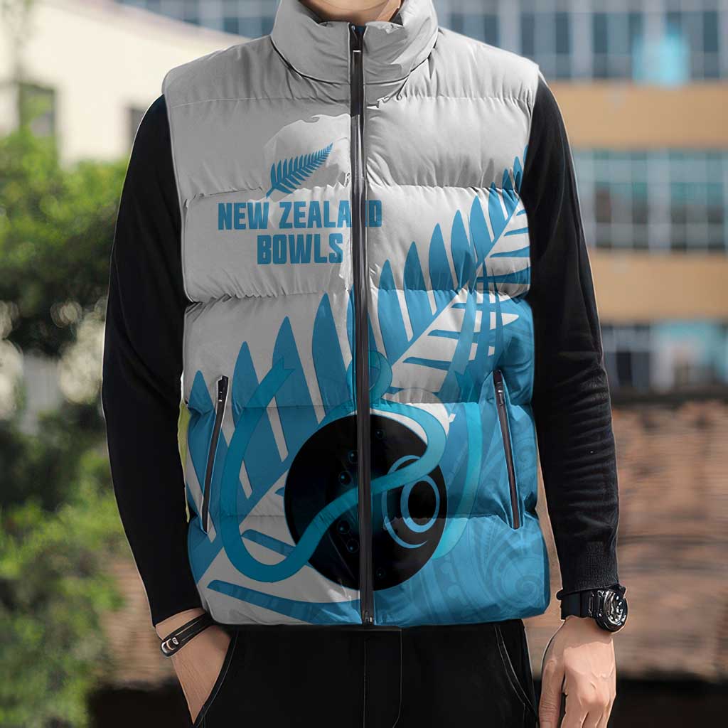 New Zealand Lawn Bowls Prostate Cancer Custom Sleeveless Puffer Jacket Aotearoa Maori Silver Fern Blue Ribbon LT14 - Polynesian Pride