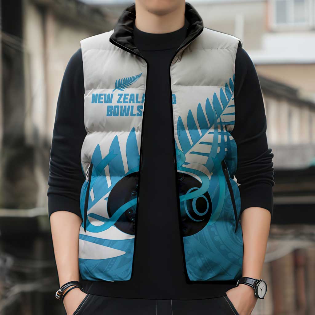New Zealand Lawn Bowls Prostate Cancer Custom Sleeveless Puffer Jacket Aotearoa Maori Silver Fern Blue Ribbon LT14 - Polynesian Pride