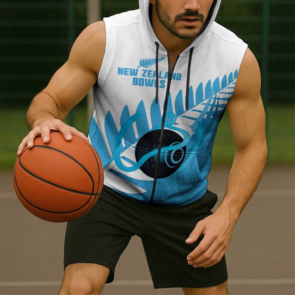 New Zealand Lawn Bowls Prostate Cancer Custom Sleeveless Zip Hoodie Aotearoa Maori Silver Fern Blue Ribbon LT14 - Polynesian Pride