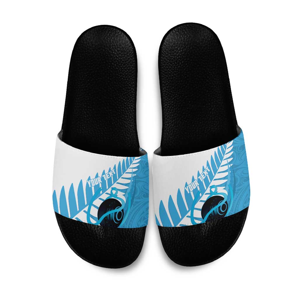 New Zealand Lawn Bowls Prostate Cancer Custom Slide Sandals Aotearoa Maori Silver Fern Blue Ribbon LT14 Blue - Polynesian Pride