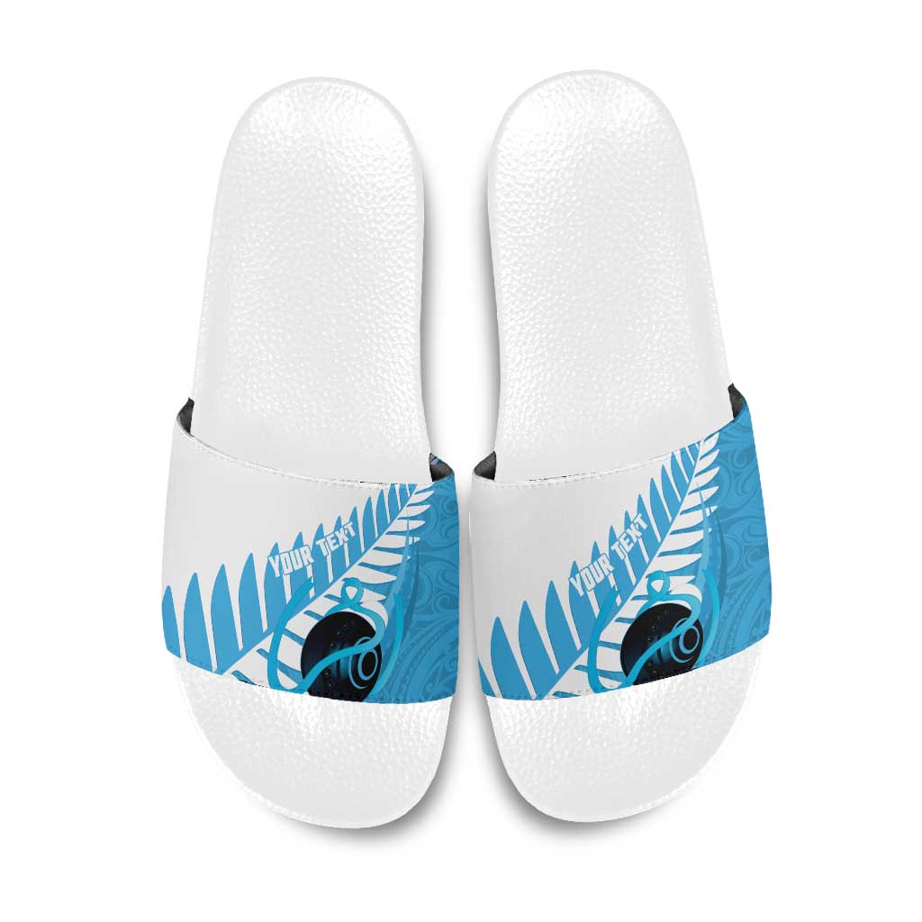 New Zealand Lawn Bowls Prostate Cancer Custom Slide Sandals Aotearoa Maori Silver Fern Blue Ribbon LT14 Blue - Polynesian Pride