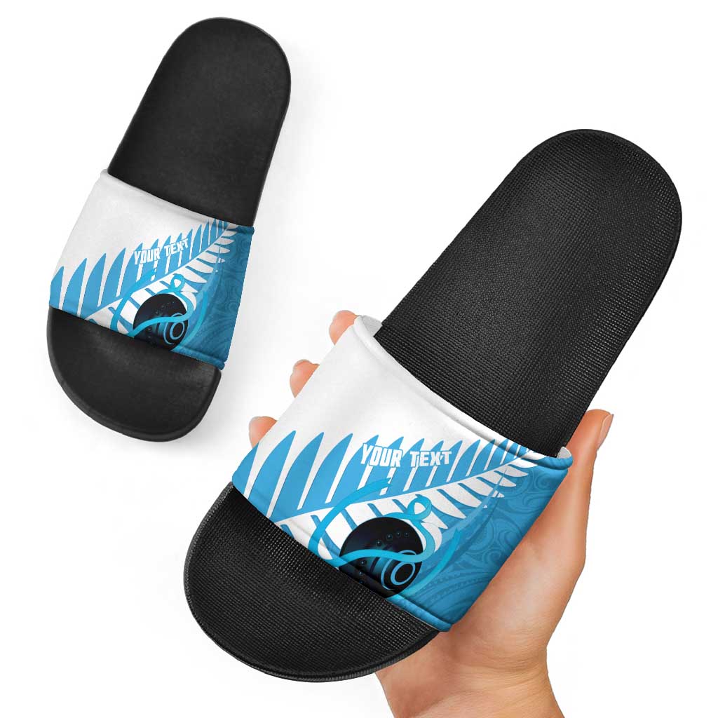 New Zealand Lawn Bowls Prostate Cancer Custom Slide Sandals Aotearoa Maori Silver Fern Blue Ribbon LT14 - Polynesian Pride