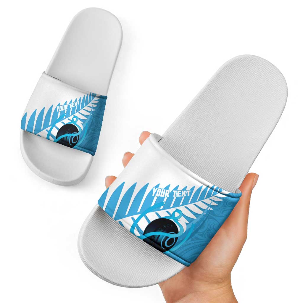 New Zealand Lawn Bowls Prostate Cancer Custom Slide Sandals Aotearoa Maori Silver Fern Blue Ribbon LT14 - Polynesian Pride