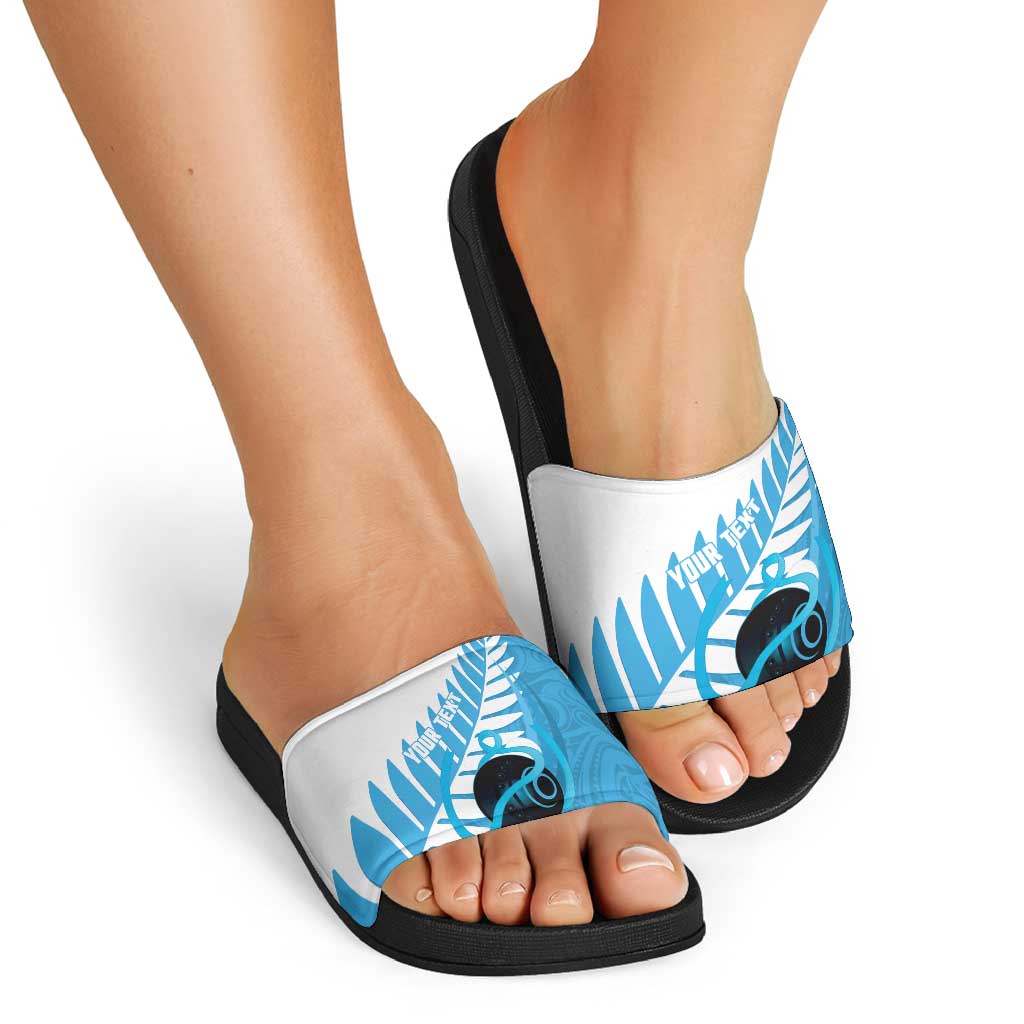 New Zealand Lawn Bowls Prostate Cancer Custom Slide Sandals Aotearoa Maori Silver Fern Blue Ribbon LT14 - Polynesian Pride