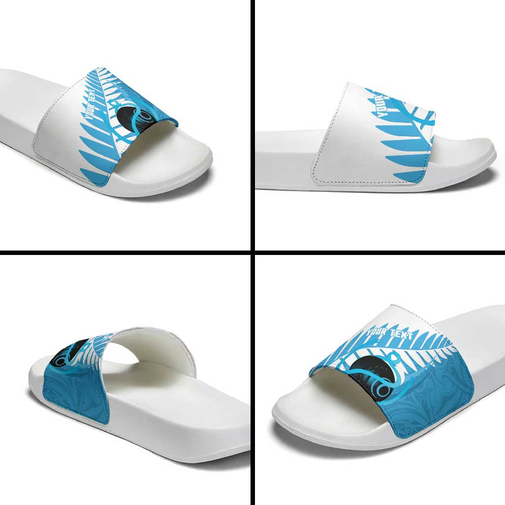 New Zealand Lawn Bowls Prostate Cancer Custom Slide Sandals Aotearoa Maori Silver Fern Blue Ribbon LT14 - Polynesian Pride