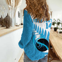 New Zealand Lawn Bowls Prostate Cancer Custom Women Casual Shirt Aotearoa Maori Silver Fern Blue Ribbon - Polynesian Pride