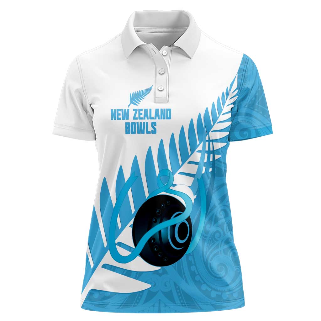 New Zealand Lawn Bowls Prostate Cancer Custom Women Polo Shirt Aotearoa Maori Silver Fern Blue Ribbon LT14 Female Blue - Polynesian Pride