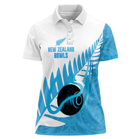 New Zealand Lawn Bowls Prostate Cancer Custom Women Polo Shirt Aotearoa Maori Silver Fern Blue Ribbon LT14 Female Blue - Polynesian Pride