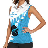 New Zealand Lawn Bowls Prostate Cancer Custom Women Sleeveless Polo Shirt Aotearoa Maori Silver Fern Blue Ribbon - Polynesian Pride