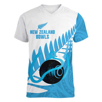 New Zealand Lawn Bowls Prostate Cancer Custom Women V-Neck T-Shirt Aotearoa Maori Silver Fern Blue Ribbon LT14 Female Blue - Polynesian Pride