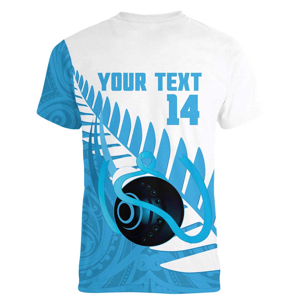 New Zealand Lawn Bowls Prostate Cancer Custom Women V-Neck T-Shirt Aotearoa Maori Silver Fern Blue Ribbon LT14 - Polynesian Pride