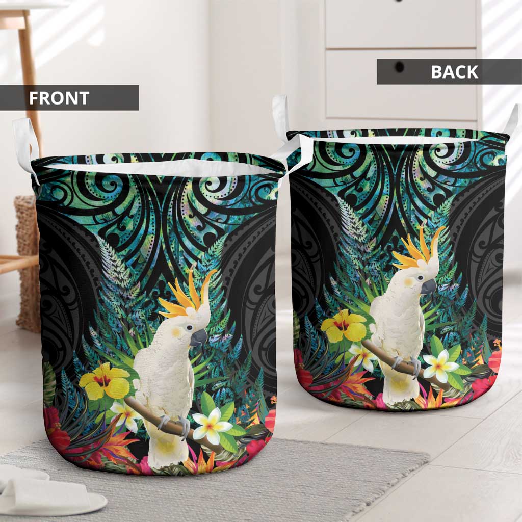 Sulphur-crested Cockatoo New Zealand Laundry Basket Paua Shell Aotearoa Maori Tropical Flowers LT14 - Polynesian Pride