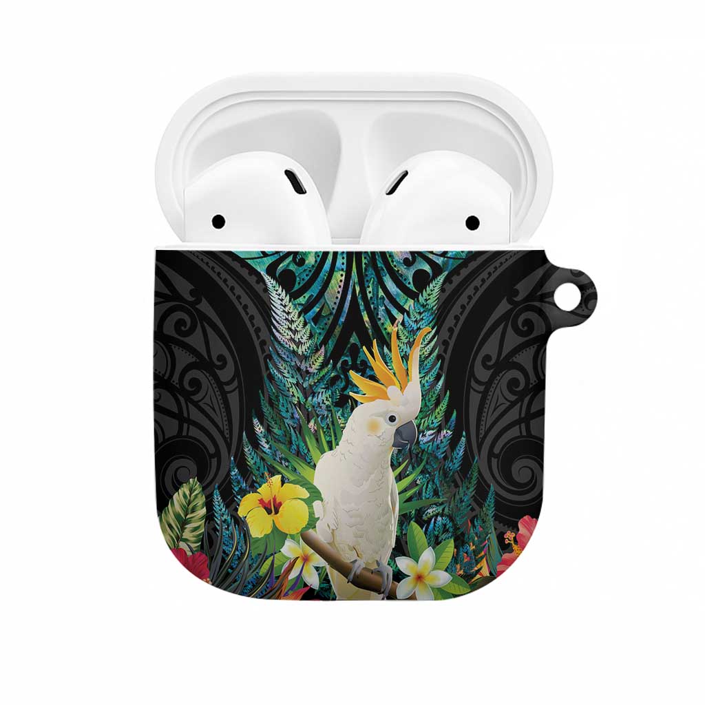 Sulphur-crested Cockatoo New Zealand AirPods Case Paua Shell Aotearoa Maori Tropical Flowers LT14 Black - Polynesian Pride