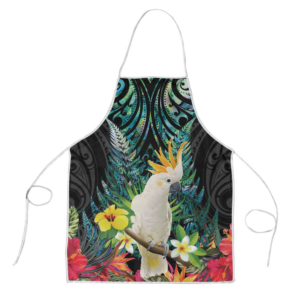 Sulphur-crested Cockatoo New Zealand Apron Paua Shell Aotearoa Maori Tropical Flowers LT14 Black - Polynesian Pride