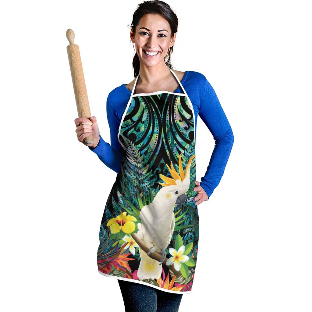 Sulphur-crested Cockatoo New Zealand Apron Paua Shell Aotearoa Maori Tropical Flowers LT14 - Polynesian Pride