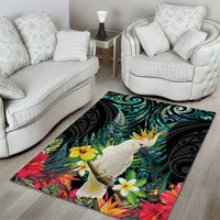 Sulphur-crested Cockatoo New Zealand Area Rug Paua Shell Aotearoa Maori Tropical Flowers - Polynesian Pride