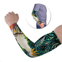 Sulphur-crested Cockatoo New Zealand Arm Sleeves Paua Shell Aotearoa Maori Tropical Flowers LT14 Set of 2 Black - Polynesian Pride
