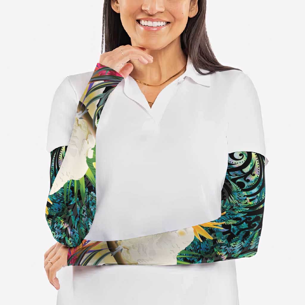 Sulphur-crested Cockatoo New Zealand Arm Sleeves Paua Shell Aotearoa Maori Tropical Flowers LT14 - Polynesian Pride