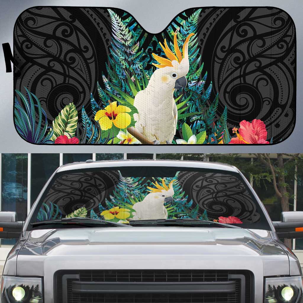 Sulphur-crested Cockatoo New Zealand Auto Sun Shade Paua Shell Aotearoa Maori Tropical Flowers LT14 Black - Polynesian Pride