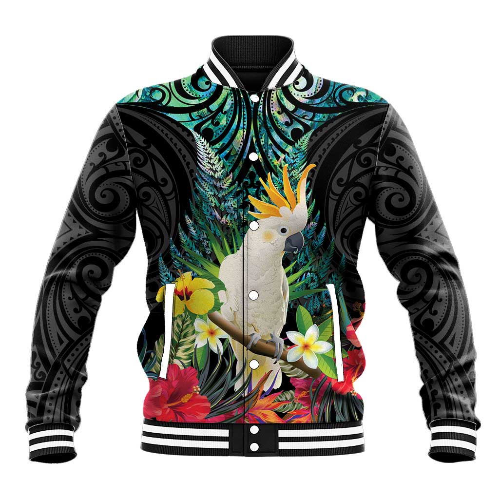 Sulphur-crested Cockatoo New Zealand Baseball Jacket Paua Shell Aotearoa Maori Tropical Flowers LT14 Unisex Black - Polynesian Pride