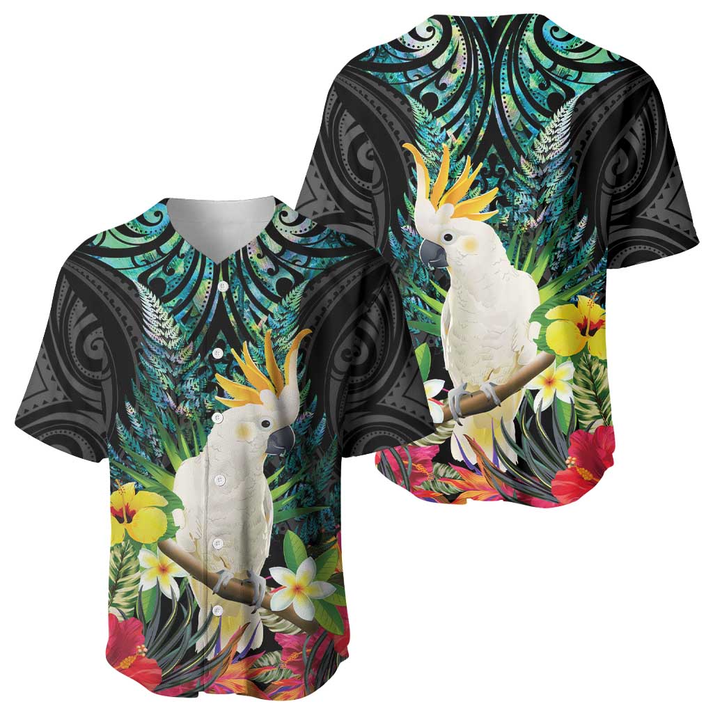 Sulphur-crested Cockatoo New Zealand Baseball Jersey Paua Shell Aotearoa Maori Tropical Flowers LT14 - Polynesian Pride