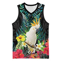 Sulphur-crested Cockatoo New Zealand Basketball Jersey Paua Shell Aotearoa Maori Tropical Flowers LT14 Unisex Black - Polynesian Pride