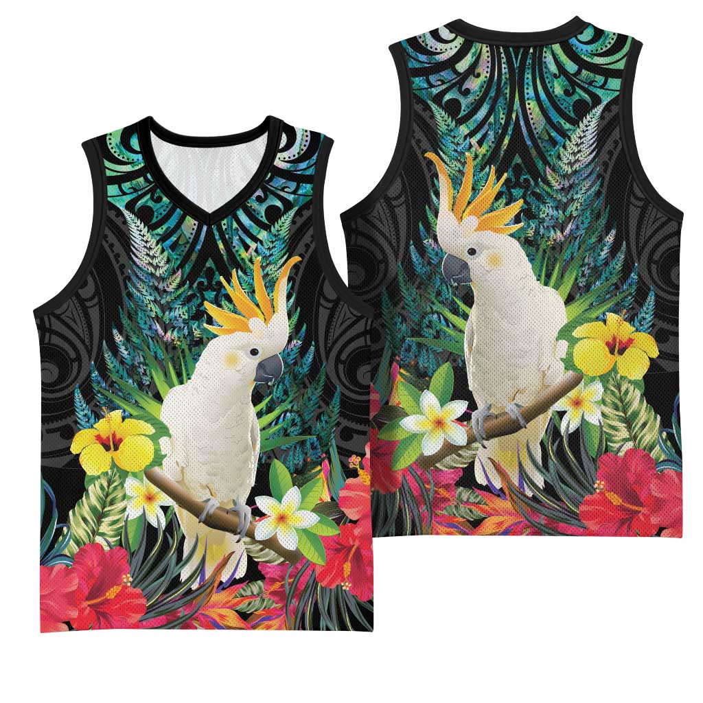 Sulphur-crested Cockatoo New Zealand Basketball Jersey Paua Shell Aotearoa Maori Tropical Flowers LT14 - Polynesian Pride