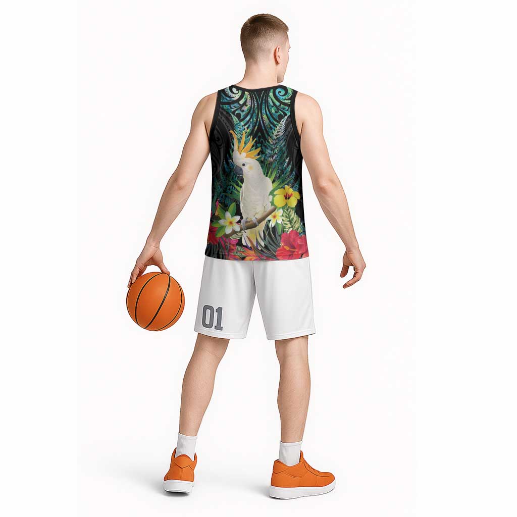 Sulphur-crested Cockatoo New Zealand Basketball Jersey Paua Shell Aotearoa Maori Tropical Flowers LT14 - Polynesian Pride