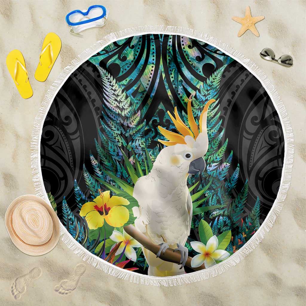 Sulphur-crested Cockatoo New Zealand Beach Blanket Paua Shell Aotearoa Maori Tropical Flowers LT14 One Size 150cm Black - Polynesian Pride