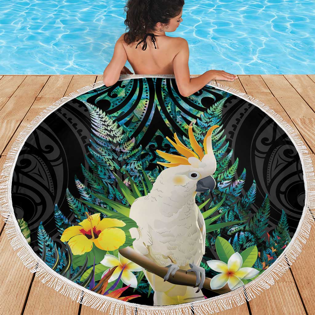 Sulphur-crested Cockatoo New Zealand Beach Blanket Paua Shell Aotearoa Maori Tropical Flowers LT14 - Polynesian Pride