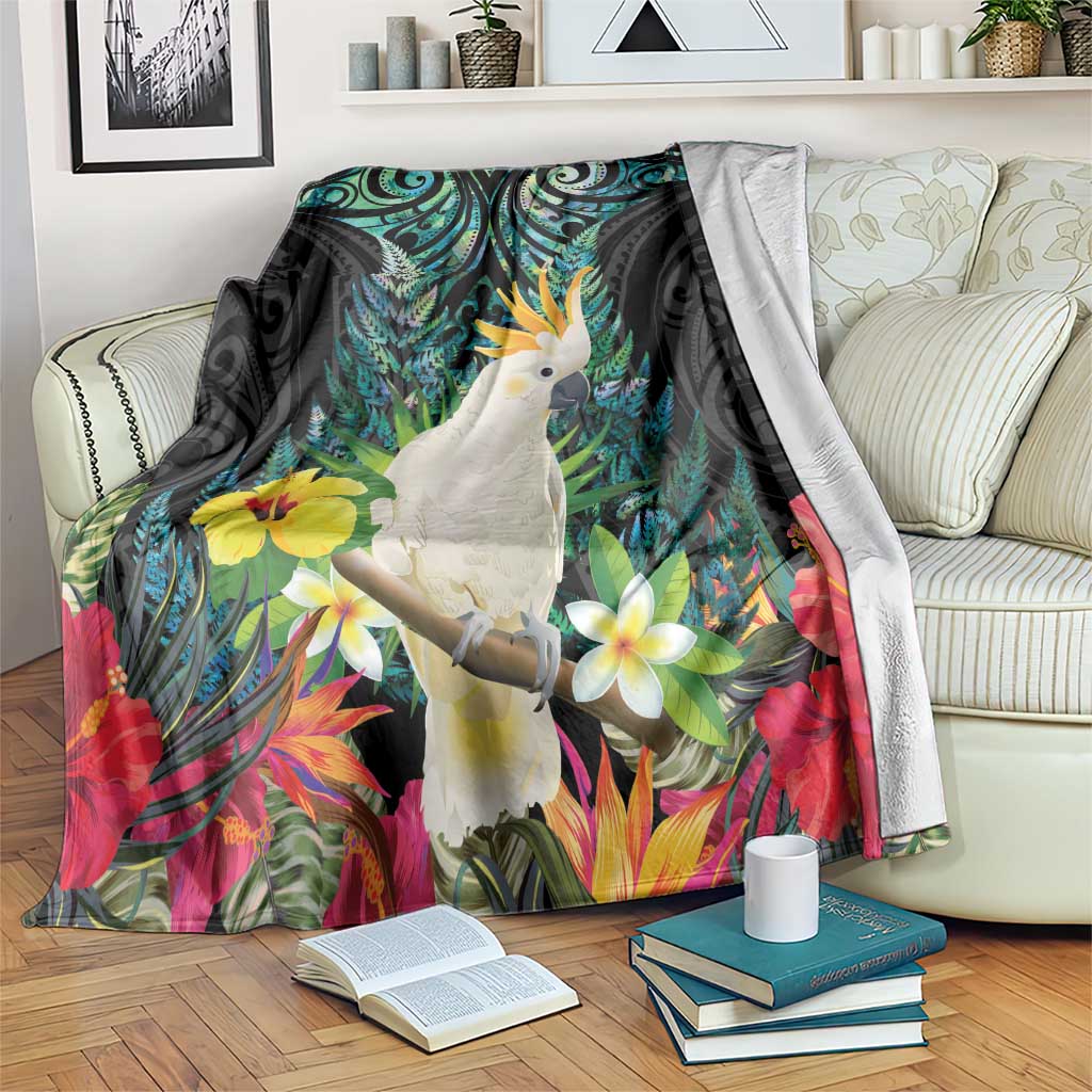 Sulphur-crested Cockatoo New Zealand Blanket Paua Shell Aotearoa Maori Tropical Flowers LT14 Black - Polynesian Pride