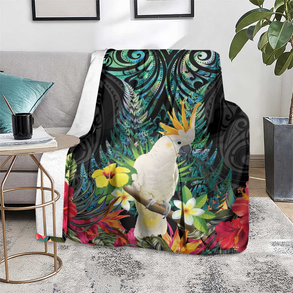 Sulphur-crested Cockatoo New Zealand Blanket Paua Shell Aotearoa Maori Tropical Flowers LT14 - Polynesian Pride