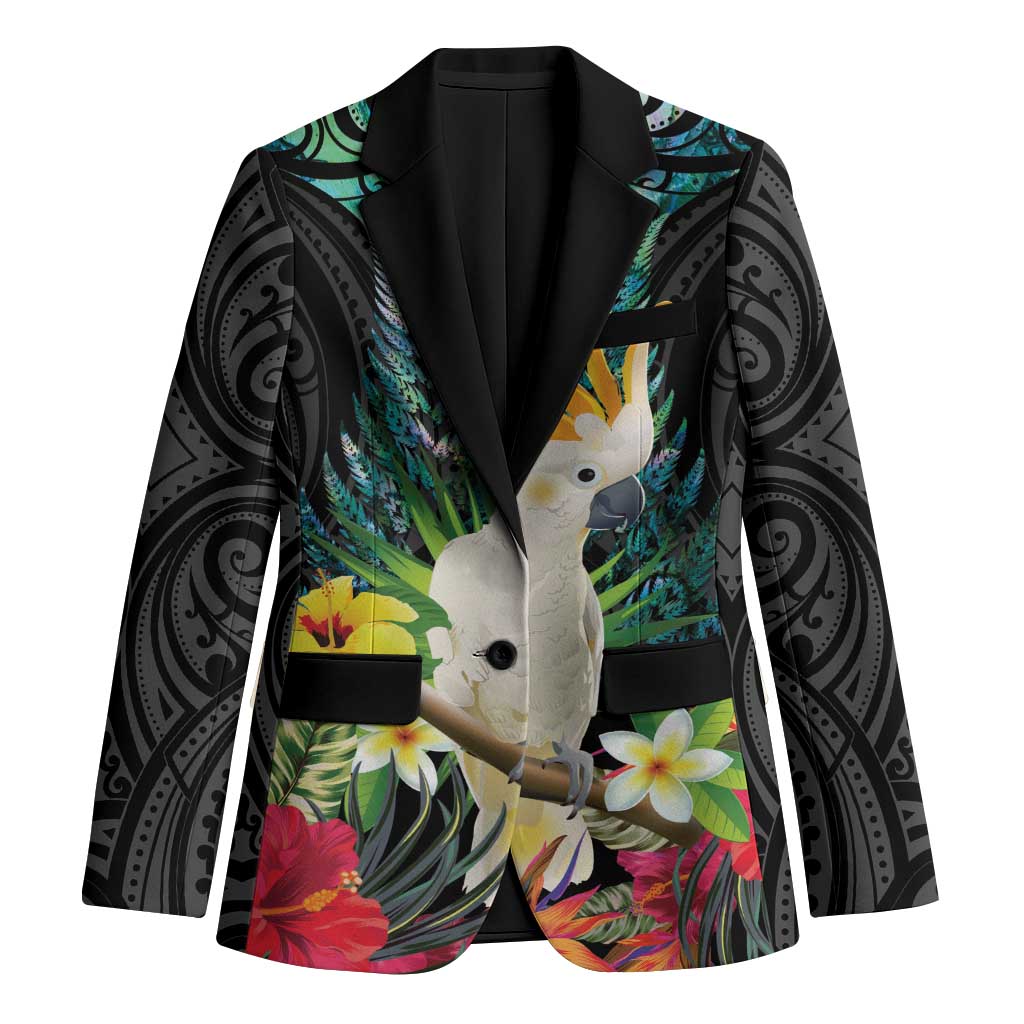 Sulphur-crested Cockatoo New Zealand Blazer Paua Shell Aotearoa Maori Tropical Flowers LT14 Unisex Black - Polynesian Pride