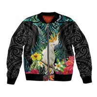 Sulphur-crested Cockatoo New Zealand Bomber Jacket Paua Shell Aotearoa Maori Tropical Flowers LT14 Unisex Black - Polynesian Pride