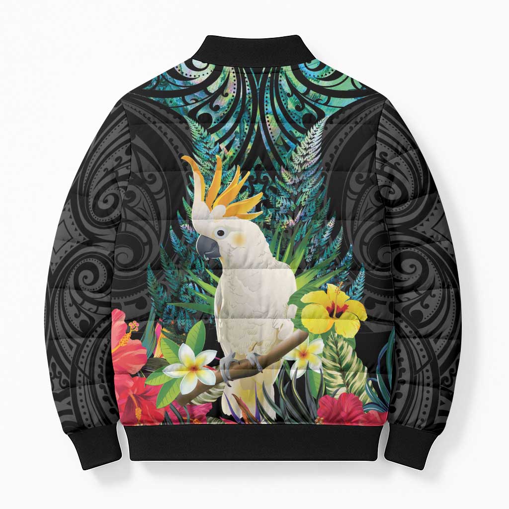 Sulphur-crested Cockatoo New Zealand Bomber Puffer Jacket Paua Shell Aotearoa Maori Tropical Flowers LT14 - Polynesian Pride
