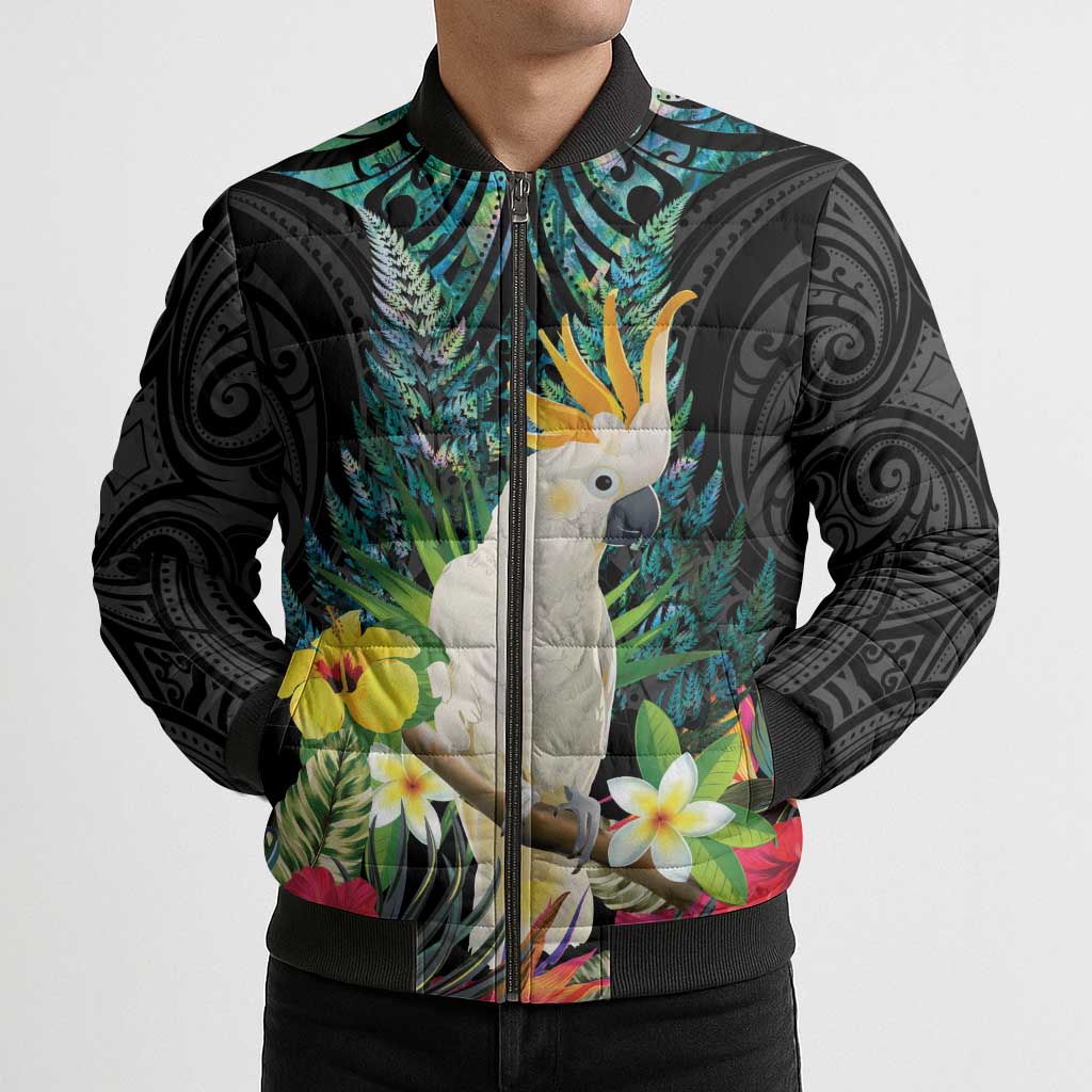 Sulphur-crested Cockatoo New Zealand Bomber Puffer Jacket Paua Shell Aotearoa Maori Tropical Flowers LT14 - Polynesian Pride