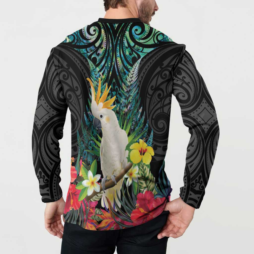 Sulphur-crested Cockatoo New Zealand Button Sweatshirt Paua Shell Aotearoa Maori Tropical Flowers - Polynesian Pride