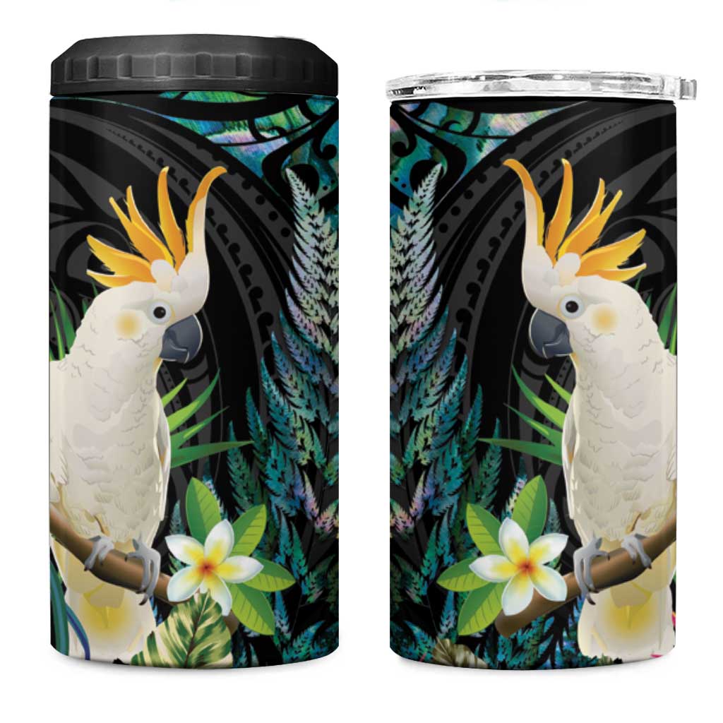 Sulphur-crested Cockatoo New Zealand 4 in 1 Can Cooler Tumbler Paua Shell Aotearoa Maori Tropical Flowers LT14 One Size: 16 oz Black - Polynesian Pride